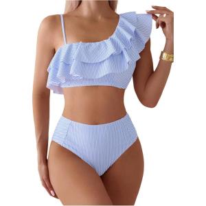 image:imageFloerns Womens 2 Piece Striped Bikini Set Ruffle Trim Swimsuit Beach Vacation Bathing SuitBlue