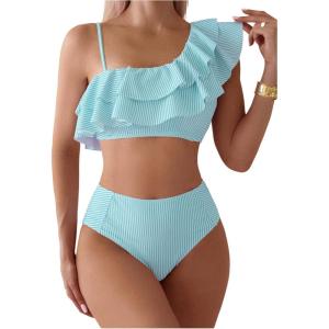 image:imageFloerns Womens 2 Piece Striped Bikini Set Ruffle Trim Swimsuit Beach Vacation Bathing SuitMint Green