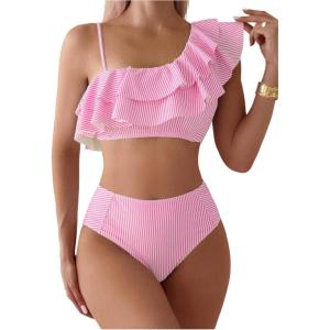 image:imageFloerns Womens 2 Piece Striped Bikini Set Ruffle Trim Swimsuit Beach Vacation Bathing SuitPink