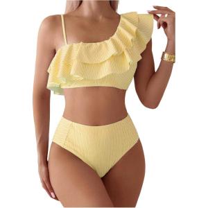 image:imageFloerns Womens 2 Piece Striped Bikini Set Ruffle Trim Swimsuit Beach Vacation Bathing SuitYellow