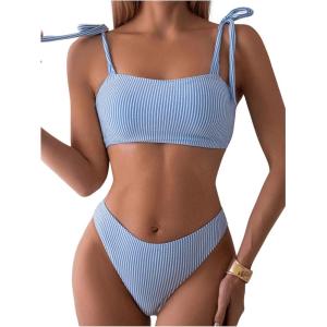 image:imageFloerns Womens 2 Piece Striped Bikini Sets Tie Shoulder Swimsuit High Waisted Beach Bathing SuitBlue and White