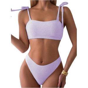 image:imageFloerns Womens 2 Piece Striped Bikini Sets Tie Shoulder Swimsuit High Waisted Beach Bathing SuitMauve Purple