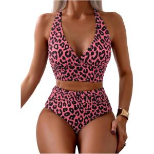 image:imageFloerns Womens 2 Piece Tankini Set Leopard Criss Cross Backless Halter Swimsuit Beach Bathing SuitPink