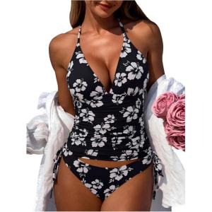 image:imageFloerns Womens 2 Piece Tankini Sets Floral Print Halter Swimsuit Tie Side Bathing SuitBlack