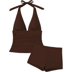image:imageFloerns Womens 2 Piece Tankini Sets Ruched Backless Halter Swimsuit High Waisted Bathing SuitChocolate Coffee Brown