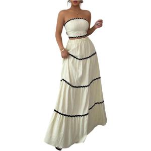 image:imageFloerns Womens 2 Piece Vacation Outfit Bandeau Tube Top and Flowy Maxi Skirt SetApricot