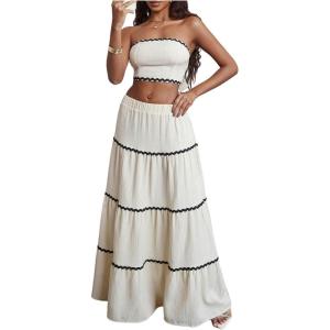 image:imageFloerns Womens 2 Piece Vacation Outfit Bandeau Tube Top and Flowy Maxi Skirt SetBeige