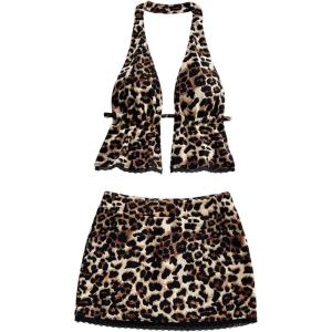 image:imageFloerns Womens 2 Piece Y2K Leopard Lace Outfits Backless Halter Crop Top and Bodycon Mini SkirtLeopard Brown