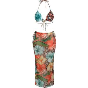 image:imageFloerns Womens 3 Piece Bikini Sets Floral Cheetah Triangle Halter Swimsuit with Cover Up SkirtBrown Multi