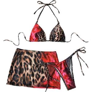 image:imageFloerns Womens 3 Piece Cheetah Print Bikini Sets Halter String Bathing Suits with Cover Up SkirtsMulticolor