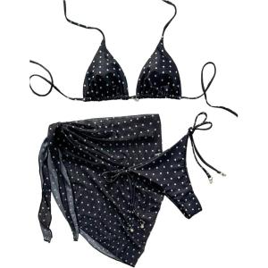 image:imageFloerns Womens 3 Piece Polka Dots Bikini Sets Halter Triangle Swimsuit Thong with Cover UpBlack and White