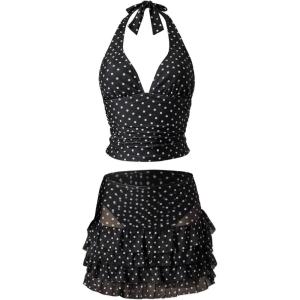 image:imageFloerns Womens 3 Piece Polka Dots Tankini Sets Backless Halter Swimsuit Layered Ruffle Bathing SuitBlack White Polka Dots