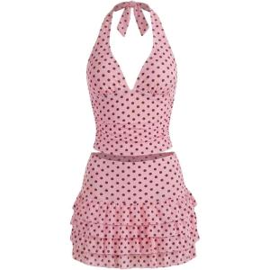 image:imageFloerns Womens 3 Piece Polka Dots Tankini Sets Backless Halter Swimsuit Layered Ruffle Bathing SuitPink Black Polka Dots
