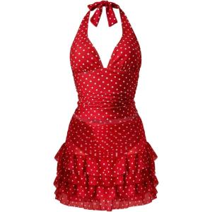 image:imageFloerns Womens 3 Piece Polka Dots Tankini Sets Backless Halter Swimsuit Layered Ruffle Bathing SuitRed White Polka Dots