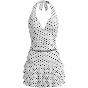 image:imageFloerns Womens 3 Piece Polka Dots Tankini Sets Backless Halter Swimsuit Layered Ruffle Bathing SuitWhite Black Polka Dots