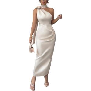 image:imageFloerns Womens 3D Floral One Shoulder Maxi Dress Bodycon Satin Wedding Guest Dresses with ScarfApricot
