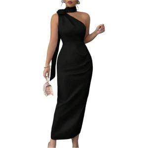 image:imageFloerns Womens 3D Floral One Shoulder Maxi Dress Bodycon Satin Wedding Guest Dresses with ScarfBlack
