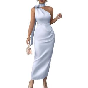 image:imageFloerns Womens 3D Floral One Shoulder Maxi Dress Bodycon Satin Wedding Guest Dresses with ScarfBlue