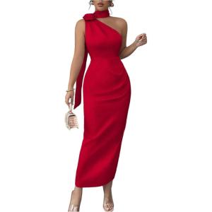 image:imageFloerns Womens 3D Floral One Shoulder Maxi Dress Bodycon Satin Wedding Guest Dresses with ScarfRed