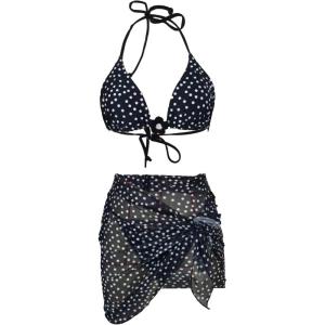 image:imageFloerns Womens Bikini Sets 3 Piece Polka Dots Halter String Swimsuit with Cover Up SkirtBlack and White