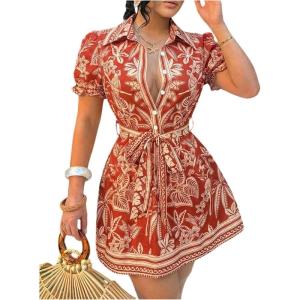 image:imageFloerns Womens Boho Puff Sleeve Shirt Dress Collared Button Down A Line Vacation Dresses with BeltOrange