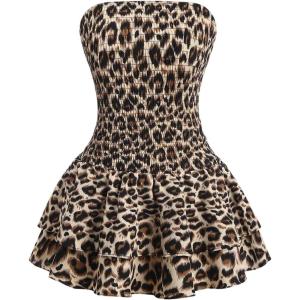 image:imageFloerns Womens Cheetah Strapless Tube Dress Layered Ruffle Smocked Going Out Mini DressesApricot