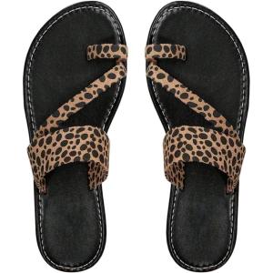 image:imageFloerns Womens Cheetah Toe Ring Flat Sandals Open Toe Strappy Summer Slip on SlidesBlack Brown Leapord