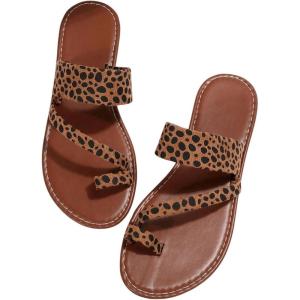 image:imageFloerns Womens Cheetah Toe Ring Flat Sandals Open Toe Strappy Summer Slip on SlidesBrown