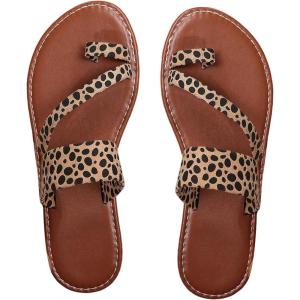 image:imageFloerns Womens Cheetah Toe Ring Flat Sandals Open Toe Strappy Summer Slip on SlidesBrown Leopard