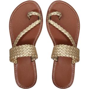 image:imageFloerns Womens Cheetah Toe Ring Flat Sandals Open Toe Strappy Summer Slip on SlidesGold