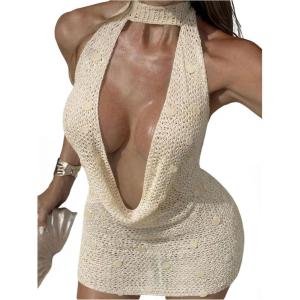 image:imageFloerns Womens Crochet Beach Cover Up Dress Draped Knit Hollow Out Sequin Bathing SuitApricot