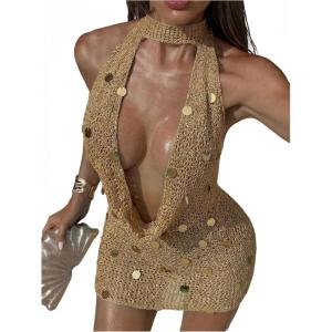 image:imageFloerns Womens Crochet Beach Cover Up Dress Draped Knit Hollow Out Sequin Bathing SuitLight Brown