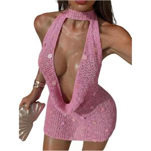 image:imageFloerns Womens Crochet Beach Cover Up Dress Draped Knit Hollow Out Sequin Bathing SuitPink