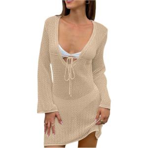 image:imageFloerns Womens Crochet Swimsuit Coverup Deep V Neck Tie Front Swimwear Beach DressApricot