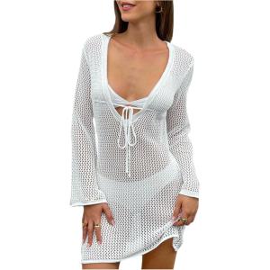 image:imageFloerns Womens Crochet Swimsuit Coverup Deep V Neck Tie Front Swimwear Beach DressWhite
