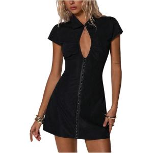 image:imageFloerns Womens Cut Out Cap Sleeve Mini Dress Collared Street Date Night A Line DressesBlack