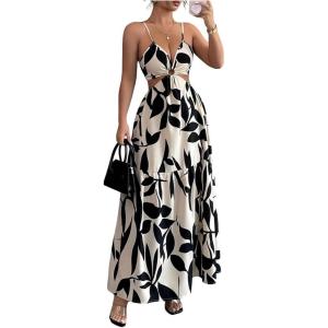 image:imageFloerns Womens Cut Out Tie Back Boho Maxi Dress Spaghetti Strap Beach Vacation Tiered Long DressesApricot