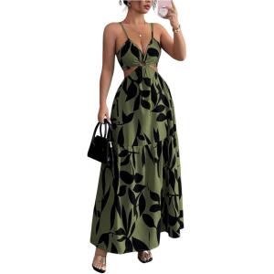 image:imageFloerns Womens Cut Out Tie Back Boho Maxi Dress Spaghetti Strap Beach Vacation Tiered Long DressesArmy Green