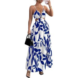 image:imageFloerns Womens Cut Out Tie Back Boho Maxi Dress Spaghetti Strap Beach Vacation Tiered Long DressesBlue and White