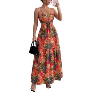 image:imageFloerns Womens Cut Out Tie Back Boho Maxi Dress Spaghetti Strap Beach Vacation Tiered Long DressesPink Multi