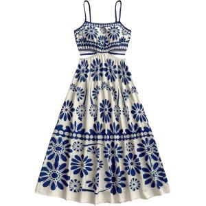 image:imageFloerns Womens Cut Out Tropical Spaghetti Strap Midi Dress Summer Beach Vacation Flowy DressesBlue and White