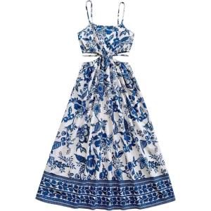 image:imageFloerns Womens Cut Out Tropical Spaghetti Strap Midi Dress Summer Beach Vacation Flowy DressesLake Blue and White