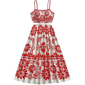image:imageFloerns Womens Cut Out Tropical Spaghetti Strap Midi Dress Summer Beach Vacation Flowy DressesRed and White