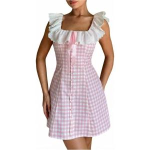 image:imageFloerns Womens Cute Bow Gingham Mini Dress Button Down Ruffle Trim Coquette A Line DressesPink