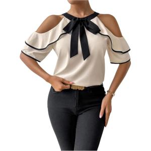 image:imageFloerns Womens Elegant Bow Tie Front Shirts Cold Shoulder Ruffle Sleeve Dressy Casual Blouse TopsApricot
