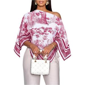 image:imageFloerns Womens Elegant Graphic Off The Shoulder Tops Hanky Hem Summer Dressy Casual BlousesBurgundy