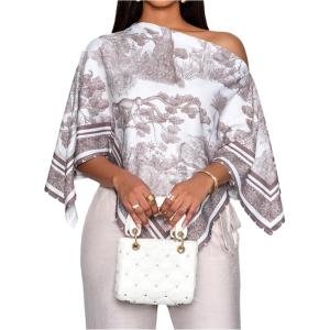 image:imageFloerns Womens Elegant Graphic Off The Shoulder Tops Hanky Hem Summer Dressy Casual BlousesCoffee Brown