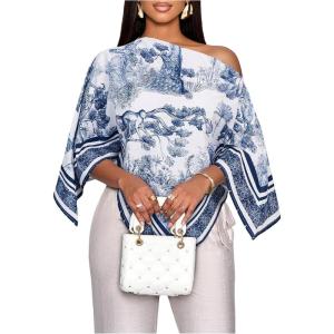 image:imageFloerns Womens Elegant Graphic Off The Shoulder Tops Hanky Hem Summer Dressy Casual BlousesDark Blue