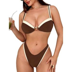 image:imageFloerns Womens Elegant High Cut Bikini Sets Cheeky Thong Brazilian Two Piece Bathing SuitCoffee Brown