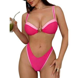 image:imageFloerns Womens Elegant High Cut Bikini Sets Cheeky Thong Brazilian Two Piece Bathing SuitHot Pink